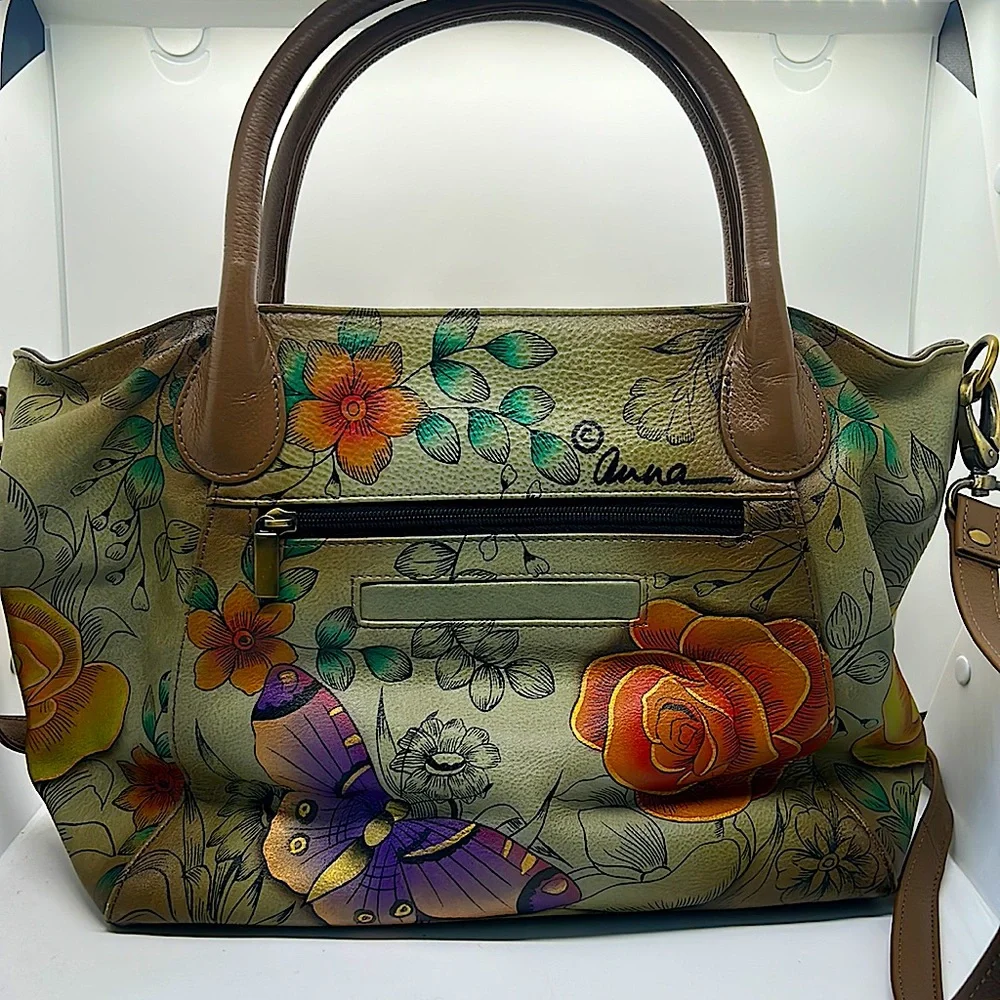 Anuschka Anna Beautiful Gray Flowers & Butterflies Shoulder Purse Bag w/ Wallet - Picture 2 of 14